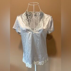 Max & Moi Paris Silk Lace Trim Blouse V-Neck Short Sleeve Pale Green FR40